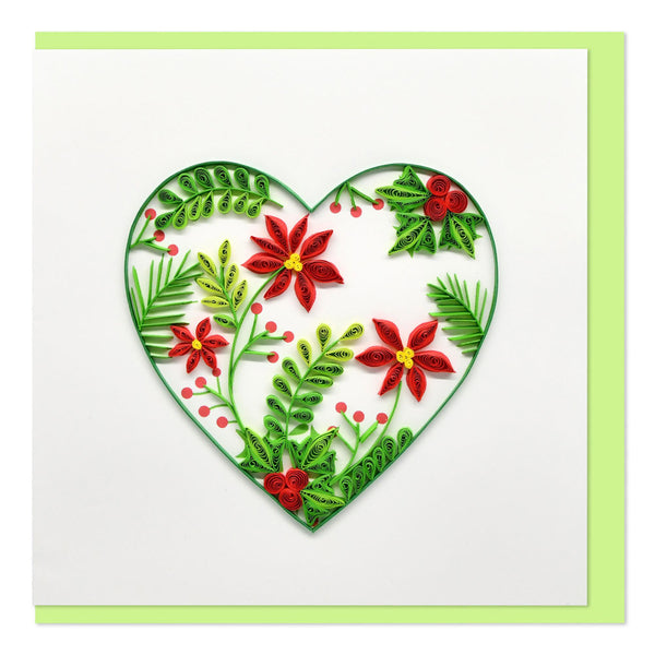 Quilled Green Heart with Red Flowers Greeting Card (15x15cm)