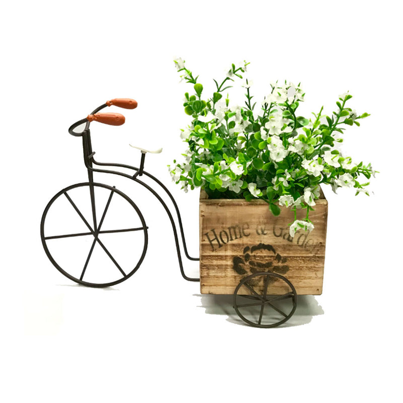 Home e jardim de bicicleta de três rodas com decoração de caixa de flores