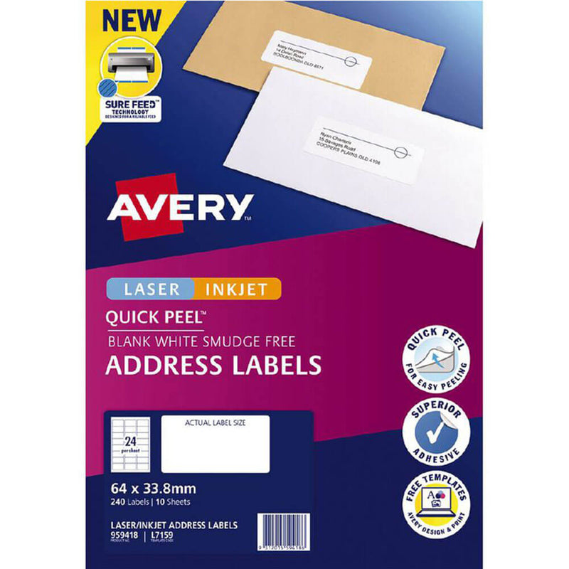 Étiquettes d'adresse Avery Laser Inkjet Quick Peel